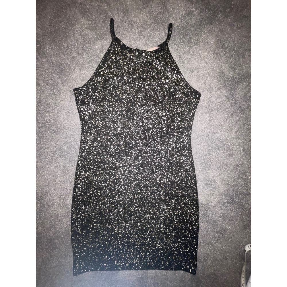 Black with metallic gold fleck stretchy mini dress